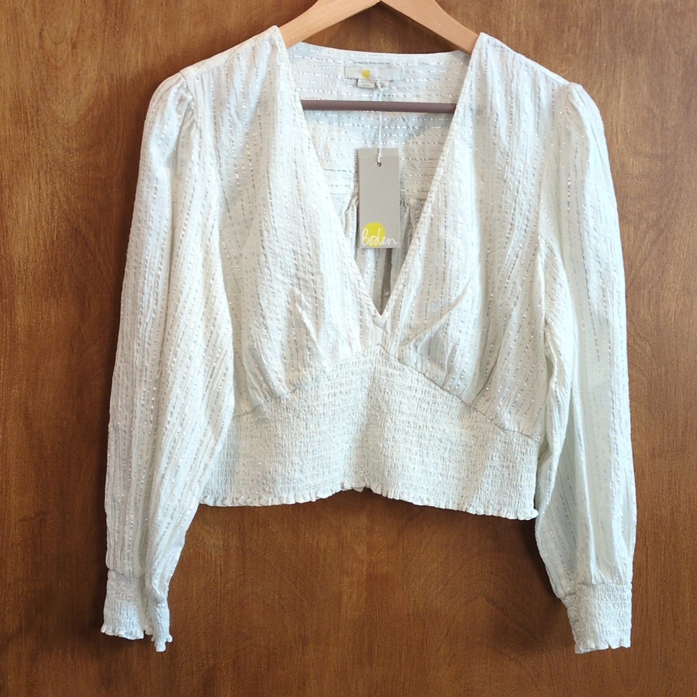 Boden Lurex Smocked Crop Top In Ivory Size 12 - Picture 2 of 10
